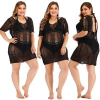 Wholesale Plus Size Beach Dresses for Women Black Cover Up Short Sleeve Crochet Beachwear Backless Bikini Coverups Swimsuit Tunic XL X0726