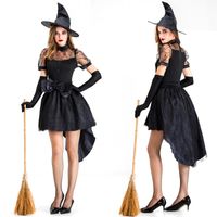 Wholesale Theme Costume Sexy Black Lace Witch Fancy Party Dress Up Adult Halloween Sorceress Evil Witch Cosplay Costume Carnival Performance Dress Hat