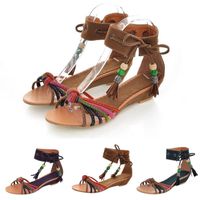 Wholesale Fashion Women s Shoes Summer Sexy Women Nationality Ankle Tassel Flats Wedge Sheos Low Heeled Sandals