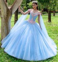 Wholesale 2022 Romantic Country Designer Light Blue Quinceanera Dresses Ball Gown with Cape Pink D Floral Flowers Princess Sweet Charro Prom Evening Formal Party Dress