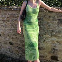 Wholesale Paisley Print Knit Dres Green Y2K Summer Sexy Bodycon Sleeveless Spaghetti Strap Beach Party Midi Dresses