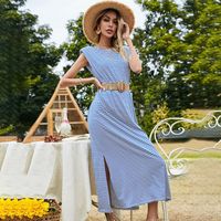 Wholesale Casual Dresses Summer Veatidos Striped Print Tank Dress Vintage Loose Waist Ladies Frocks Sleeveless Split Maxi For Women