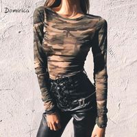 Wholesale Women s T Shirt Camouflage T shirts Summer Sexy Round Neck Mesh Micro transparent Long sleeved Short Cool Girl Crop Top Woman Tshirts