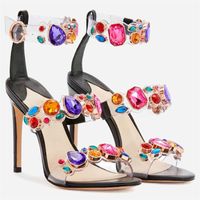Wholesale Summer Ladies Gem Decoration High Heels Round Toe Fashion Black Gold Party Sandals Dress Shoes