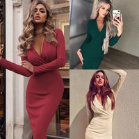 Wholesale Casual Dresses Women Party Dress Autumn Deep V Neck Long Sleeve Solid Color Tunic Pencil Bodycon Knee Length WDC010