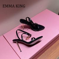 Wholesale Sandals Women Golden Lock Leather mm Metal Stiletto Slingback Pumps Sexy Ankle Strap High Heels Shoes Party Dress