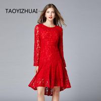 Wholesale Casual Dresses Autumn Arrival Women Lace Dress O Neck Long Sleeve Fishtail Red Sexy Slim Party Plus Size Lady