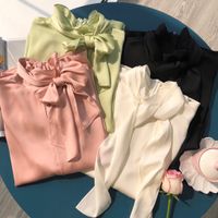 Wholesale 2021 Summer Fall Long Sleeve Round Neck White Pink Black Green Pure Color MM Silk Ribbon Tie Pullover Style Blouse Women Fashion Shirt Q281426