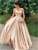 Wholesale Puffy A Line Prom Dresses Lovely Sweetheart Backless Champagne Satin Party Wear Custom Made Floor Lenth Ruffle Princess Gown