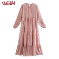 Wholesale Women Vintage Pink Dot Embroidery Dress Long Sleeve Females Midi Dresses Vestidos CE92