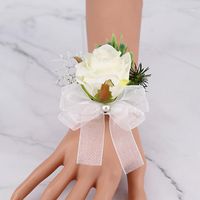 Wholesale Decorative Flowers Wreaths pc White Wrist Corsage Bridesmaid Sisters Hand Artificial Bride Rose For Wedding Dancing Party Bridal Prom
