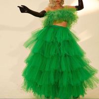 Wholesale Green Pieces Ruffle Puffy Tulle Long Formal Prom Gowns Sexy Strapless Floor Length Tiered Tutu Party Dresses Custom Skirts