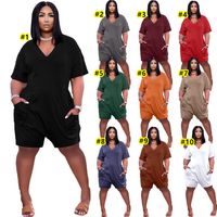 Wholesale Short Sleeve Jumpsuits Women Summer Rompers Solid Color V neck Party Outfits Loose Jumper Suits Plus size XL Playsuits colors White Black Bodysuits