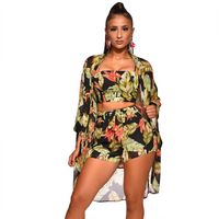 Wholesale Women s Chiffon Three Piece Tracksuits Set Spaghetti Strap Slim Fit Crop Top And high Waist Beach Short cover Up Leaves Print Swimsuits