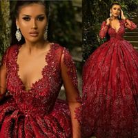 Wholesale Dark Red Quinceanera Dresses Luxury Beaded Crystals Tulle Deep V Neck Custom Made Sweet Birthday Prom Princess Pageant Ball Gown Long Sleeves vestidos