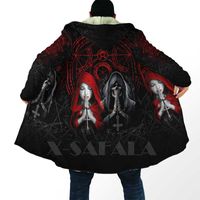 Wholesale Men s Wool Blends Satanic Skull Tattoo Grim Reaper Girl All Over D Printed Thick Warm Hooded Cloak For Men Windproof Fleece Unisex Casual