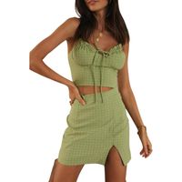 Wholesale Skirts Sexy Camis Skirt Set Women Two Pieces Suits Backless Lace Up Crop Tops With Split Hem Mini Plaid Ladies Clothing
