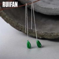 Wholesale Ruifan Teardrop Green Natural Jade Dangle Long Earrings for Women Sterling Silver Line Threader Earring Jewelry YEA106