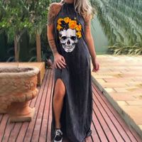 Wholesale Ladies Casual Loose Halter Neck Dress Skull Print Summer Sexy Boho Bow Camis Befree Long Dresses Plus Size Large Dress Robe Femme