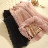 Wholesale Skirts Spring Summer Glitter Tulle Skirt Women Sequined Long Pleated Tutu Party A line Mesh Shiny Voile Midi Female