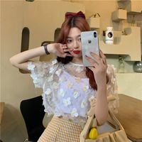 Wholesale Women s Blouses Shirts Top Summer Three dimensional Embroidered Butterfly Mesh Gown