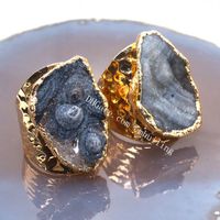 Wholesale Flashy Sparkly Glittery Cosmic Galaxy Stone Open Cuff Ring Handmade Irregular Natural Raw Rough Sun Agate Geode Desert Druzy Gemstone Gold Plated Wide Band Rings