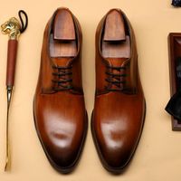 Wholesale Dress Shoes Amazing Man Handmade Derby Party Wedding Genuine Leather Men s Pointed Toe Laces Welted Office Flats For Bridal DX197
