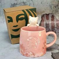 Wholesale 350ML Sakura Starbucks Cup Luxury Kiss Cups with Spoon Ceramic Mugs Married Couples Anniversary Mermaid Bronze Medallion Gift Products