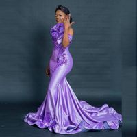 Wholesale Lavender Aso Ebi Style Prom Dresses Off The Shoulder Beaded Lace Appliques Plus Size Dubai African Satin Mermaid Evening Dress