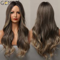 Wholesale Womens Synthetic Wigs Long Body Wave Middle Part Ombre Black Dark Brown Highlight Wigs Cosplay Heat Resistant Fake Hair