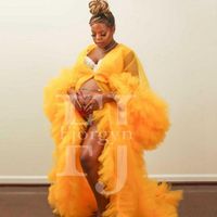 Wholesale Pretty Orange Ruffles Tulle Women Long Puff Full Sleeves See Thru Bridal Night Robes Free Ship Maternity Dress Woman Party Gowns Casual Dres