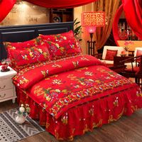 Wholesale Bedding Sets Chinese Style Skin friendly Bedroom Wedding Set Quilt Cover Bed Skirt Pillowcase King Queen Size J8462