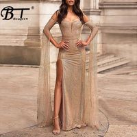 Wholesale Casual Dresses Beateen Sexy Sweetheart Neckline Off The Shoulder Long Sleeve Mesh Sequins Slit Women Party Sparkling Outfit Maxi Dress