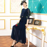 Wholesale Casual Dresses Chiffon Summer Long Dress Office Lady Women Hollow Out Navy Fashion Evening Clothing Ankle Length Ball Gown
