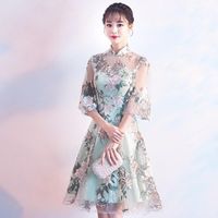 Wholesale Casual Green Lace Chinese Traditional Evening Dress Qipao Party Dresses Bride Cheongsam Fashion Short Oriental Wedding Gowns DX21