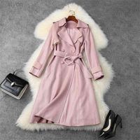Wholesale Autumn Winter Trench Coat for Women Designers Turn Down Collar Long Suede Leather Windbreaker Elegant Lady Outerwear