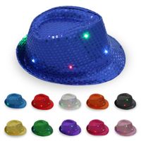 Wholesale LED Shiny Sequin Women Fedora Hat Men Derby Cap Party Children Jazz Hats Dancing Boy Sunhat Light Up Girls Costumes Accessories