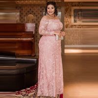 Wholesale Lace Mother Of The Bride Dresses Plus Size Appliques Pink Jewel Neck Long Sleeves Sheath Formal Dinner Dresses For Women