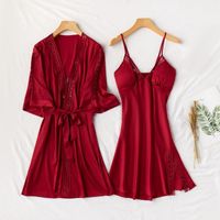 Wholesale Women s Sleepwear Pieces Sexy Women V neck Red Faux Silk Nightgowns Female Lingerie Wear Solid Comfort Dress OVLZ