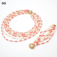 Wholesale Jewelry Strands Cultured White Baroque Freshwater Pearl Pink Coral Statement Bracelet Necklace Sets Cute Style For Women Earrings