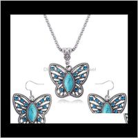 Wholesale Drop Delivery Sets Turquoise Crystal Butterfly Vintage Sier Necklace Earrings Bird Choker Collar Fashion Jewelry S Spring Women Girl Ysg