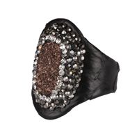 Wholesale Dark Brown Oval Rough Druzy Drusy Stone Bead Pave Rhinestone Charm In Real Black Snake Leather Open Ring Cuff Adjustable Unisex Band Rings