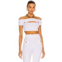 Wholesale Women s Tracksuits White Bandage Knit Off The Shoulder Keyhole Cutout Bust Top And Ribbed Shorts With Gold Buttons Embellishment Piece Set