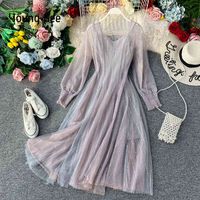 Wholesale Young Gee Mint Green Campanulaceae Soft Lace Dress Vintage Women Sexy Mesh Sweet Pleated Femme Two Piece Sets Mid calf Dresses Y211227