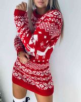 Wholesale Fashion Women Christmas Reindeer Mixed Print Knit Long Sleeve Dress Lady Casual Round Neck Mini Dress Party Dress