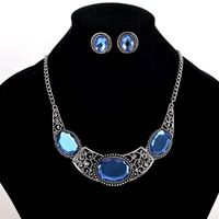 Wholesale Vintage Tibetan Silver Plated Choker Necklace Earrings Jewelry Sets Personaly Bridal Large Blue Crystal Jewelry Set for women wedding bijoux