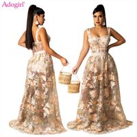 Wholesale Adogirl Floral Embroidery Sheer Mesh Two Piece Dress Set Women Sexy Spaghetti Straps Bodysuit Top Maxi Skirt Birthday Party Robe