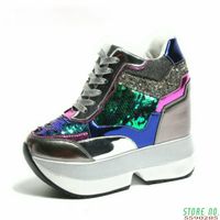 Wholesale Dress Shoes Woman Spring Wedge PU Leather Harajuku Colorful Bling Winter Woman12CM High Heeled Platform Sneakers W7