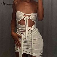 Wholesale Simenual Tie Up Wrap Chest Cut Out Mini Dresses For Women White Midnight Clubwear Outfits Bodycon Summer Party Dress Fashion Hot G0118