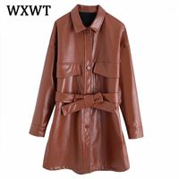 Wholesale Women s Jackets WXWT Women Brown Faux Leather Jacket Coat Spring Fashion With Belt Ladies Long Sleeve Oversize Casual Tops BB3133